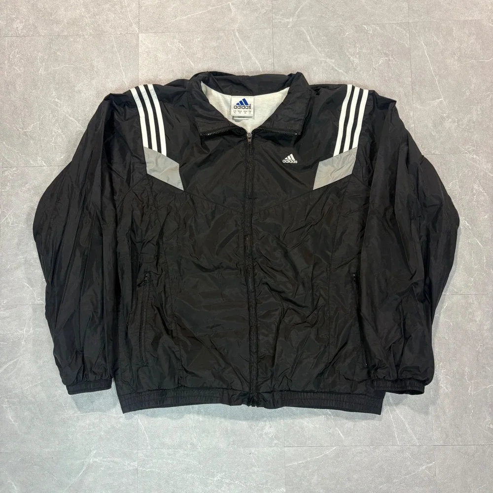 Adidas Vintage Windbreaker Jacket Mens XL Black Full Zip 3 Stripe Track Coat